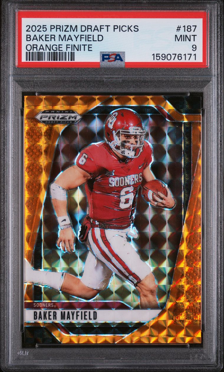 #187 BAKER MAYFIELD 2025 PANINI PRIZM DRAFT PICKS | ORANGE FINITE